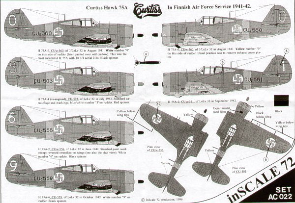 InScale72 decal Curtiss Hawk H-75A in Finnish Air Force service 1941-42
