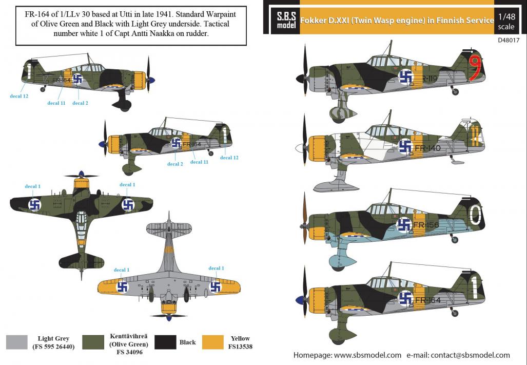 Fokker D.XXI (Twin Wasp Engine) in Finnish Service 1/48 decals