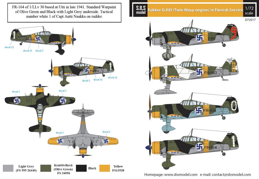 Fokker D.XXI (Twin Wasp Engine) in Finnish Service 1/72 decals