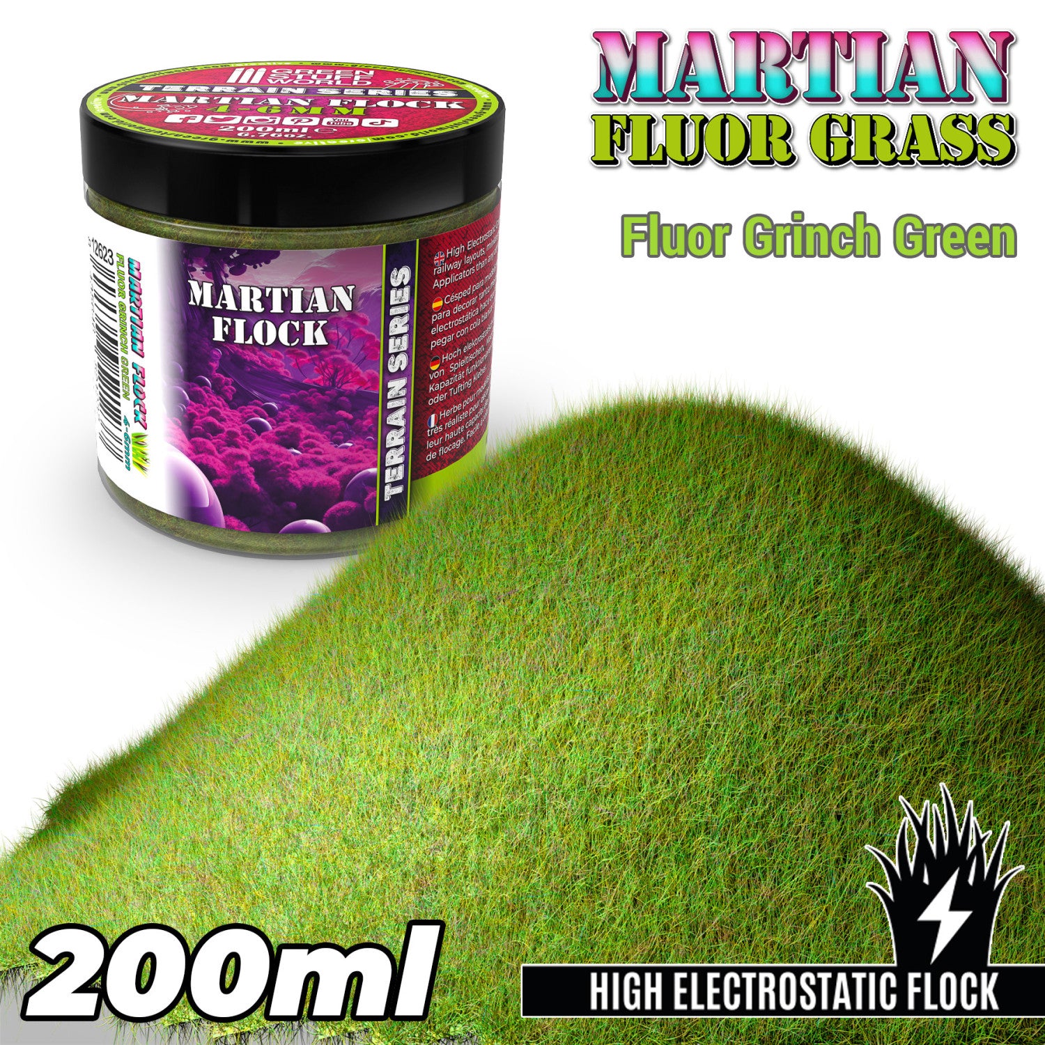 GSW 11623 Terrain Series Martian Grass Flock 4-6mm Fluor Grinch Green 200ml.