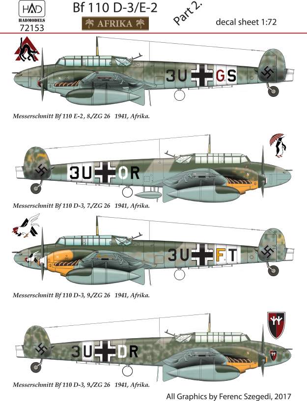 Hadmodel 1/72 decals. Bf 110 D-3 / E-2 Afrika part 2