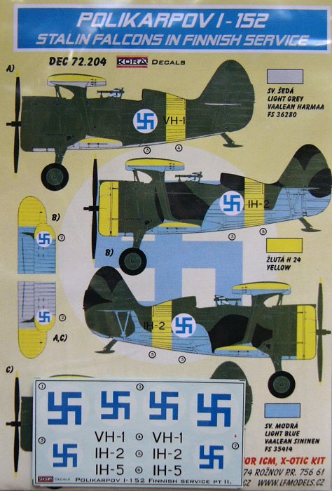 Kora Decals 72204 Polikarpov I-152 Stalin Falcons in Finnish Service