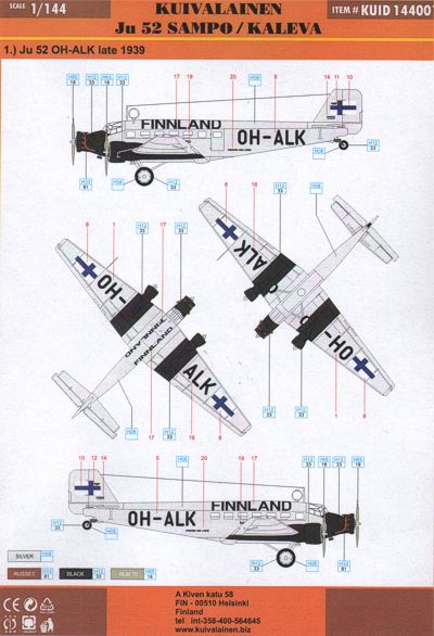 Kuivalainen 1/144 Decals. Ju 52 SAMPO/KALEVA
