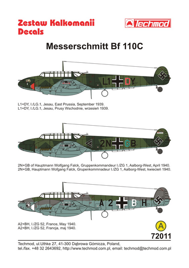 Techmod 72011. 1/72 Messerschmitt Bf 110C. decals