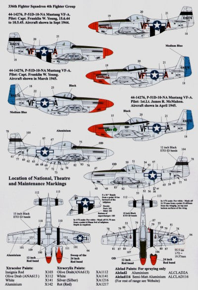 Xtradecal X72099 P-51D Mustang 4th Fighter Group, RAF Debden 334th FS; 335th FS; 336th FS
