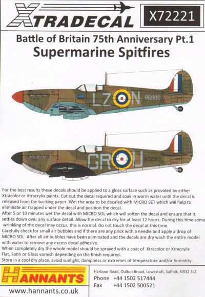 Xtradecal X7221 Battle of Britain 75th Anniversary  Supermarine Spitfire Mk.Ia