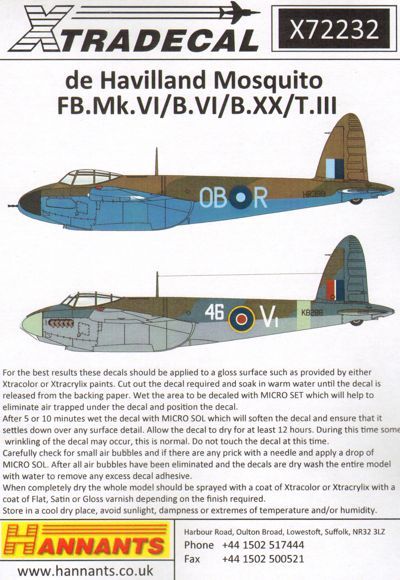 Xtradecal X72232 De Havilland Mosquito FB.Mk.VI / B.VI / B.XX / T.III