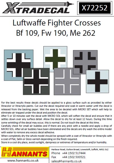 Xtradecal X72252 Luftwaffe Fighter Crosses Bf 109, Fw 190, Me 262