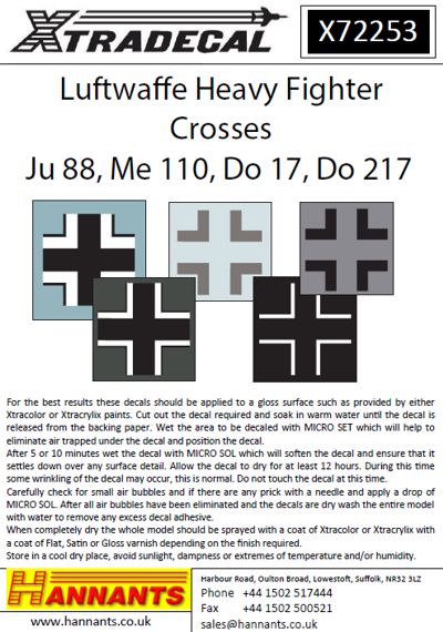 Xtradecal X72253 Luftwaffe Heavy Fighter Crosses Ju88, Me 110, Do 17, Do 217