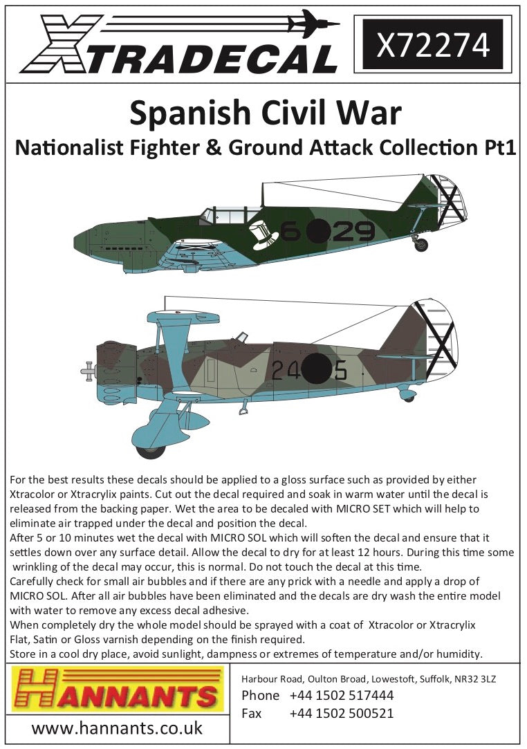 Xtradecal X72274 Spanish Civil War Nationalist Fighter & Ground Attack Collection Pt1.