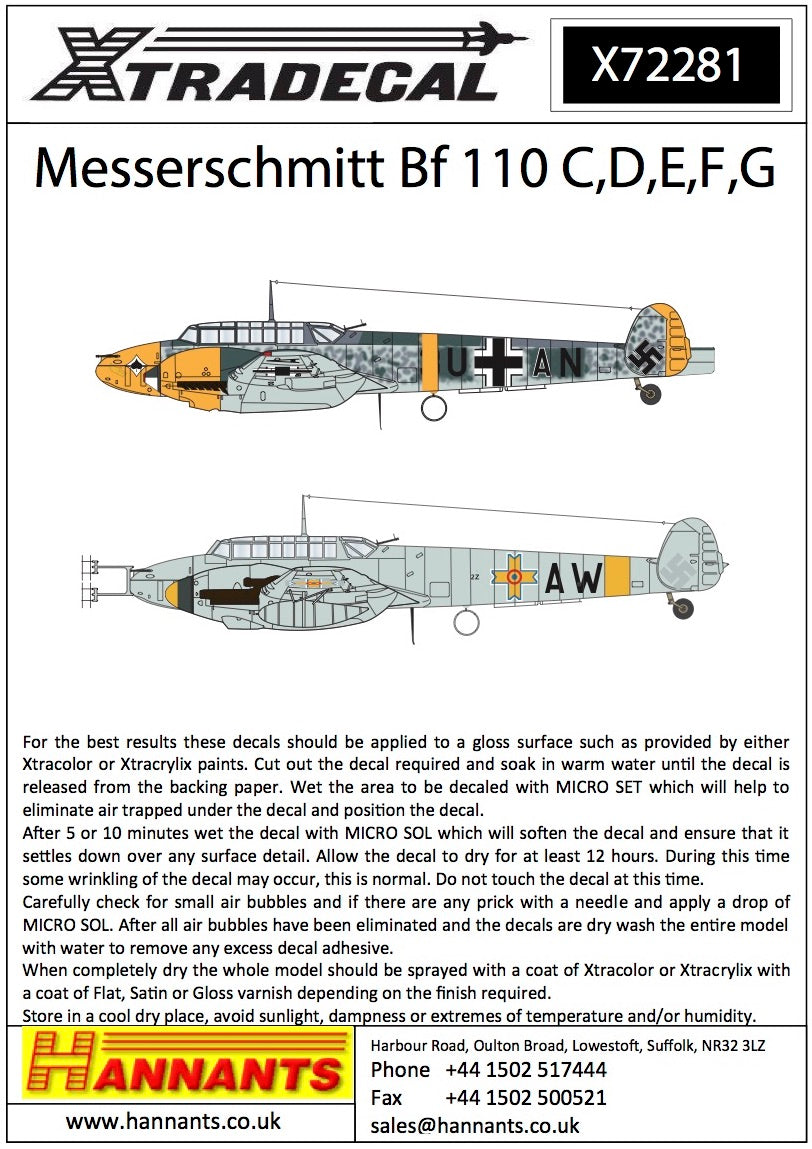 Xtradecal X72281 Messerschmitt Bf 110 C,D,E,F,G